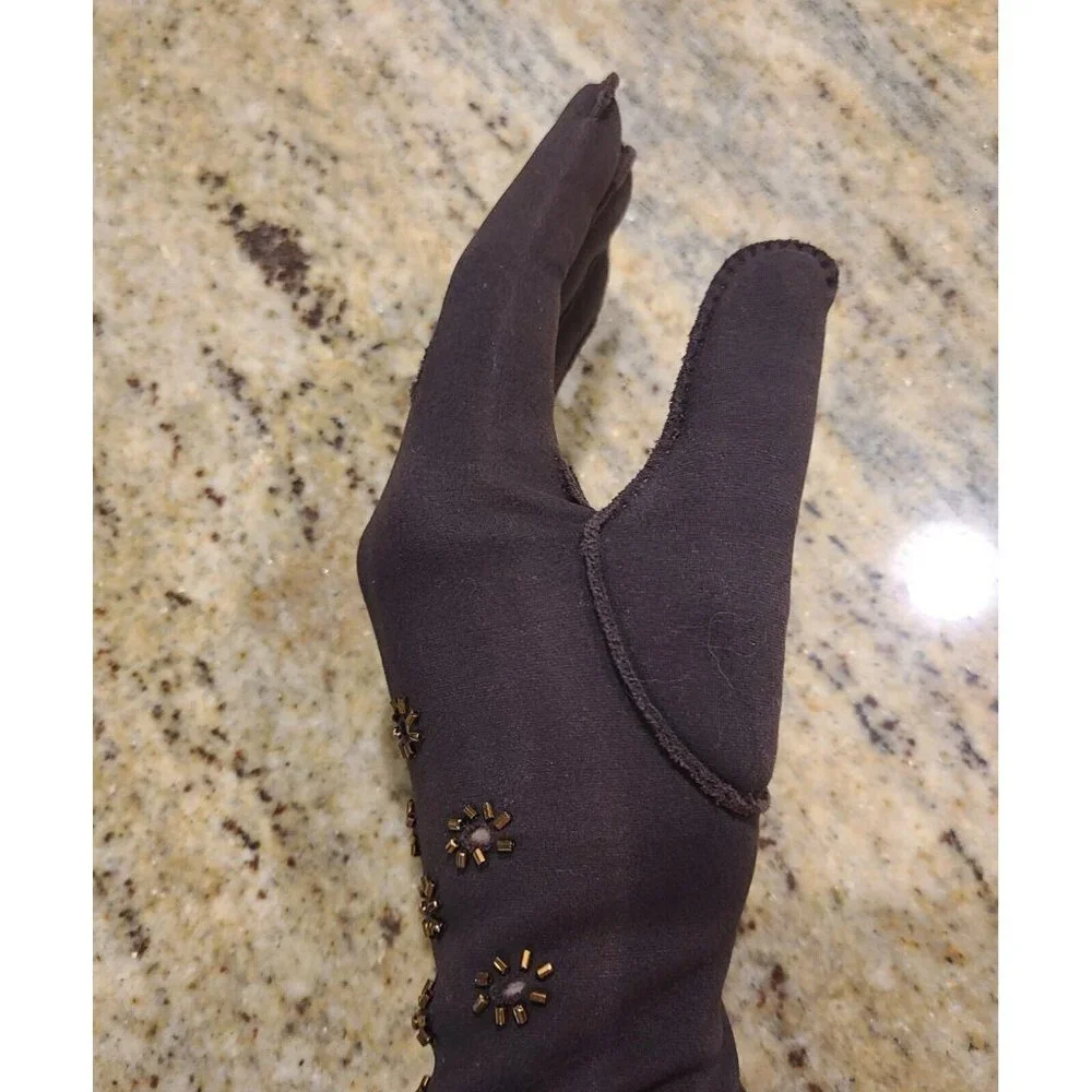 Vintage Size 6.5 M Brown Gold Flower Beaded Stretch 13.5